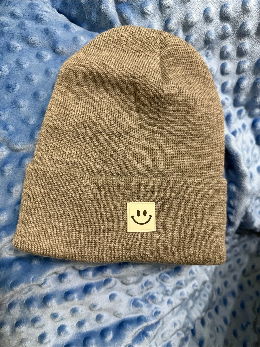 Smiley Patch Beanie Hat - Tan